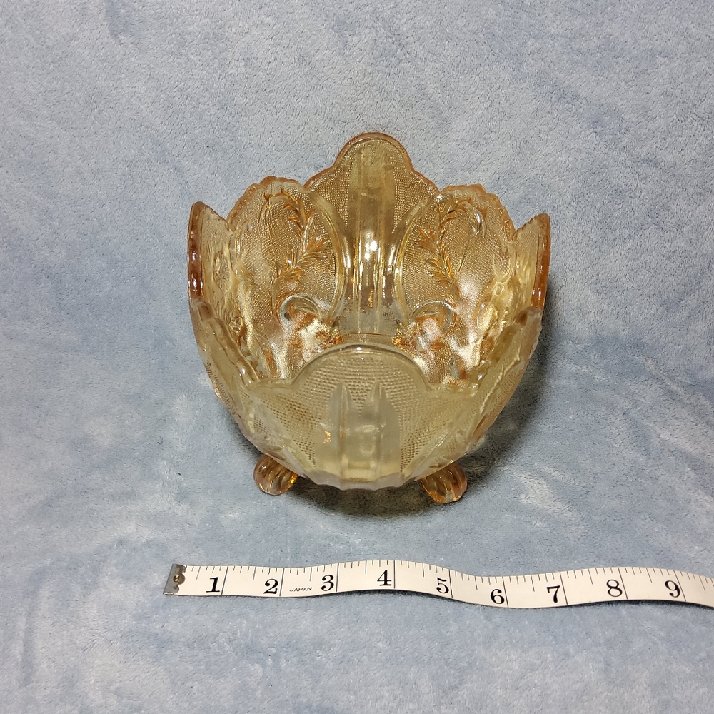 Vintage Jeannette Marigold Carnival Glass Lombardi Pattern Footed Fruit Bowl - Picture 6 of 8